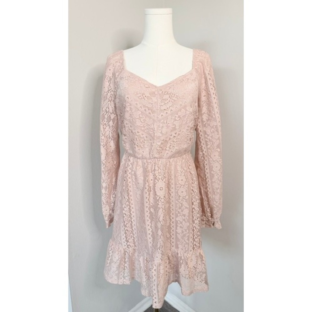 LC Lace Floral L/S Mini Dress Pink Sweetheart Boho Cottagecore Coquette Size L